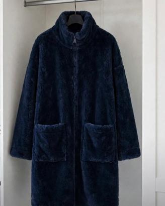 Cappotto eco pelliccia blu notte