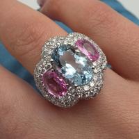 ANELLO ORO DIAMANTI ZAFFIRI ROSA ACQUA MARINA