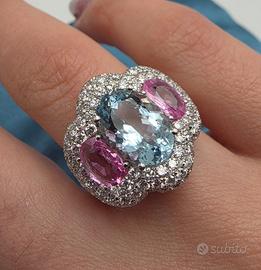 ANELLO ORO DIAMANTI ZAFFIRI ROSA ACQUA MARINA