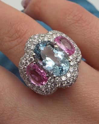 ANELLO ORO DIAMANTI ZAFFIRI ROSA ACQUA MARINA
