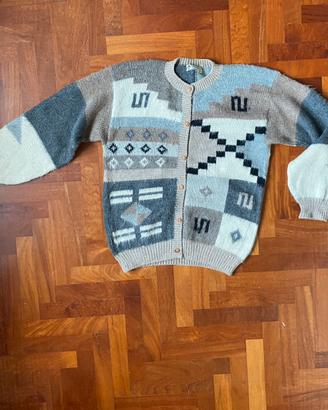 Cardigan vintage fatto a mano in lana greige, XXXL