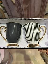 Set 2 Mug Mathilde M Nero e Righe con Dettagli Oro
