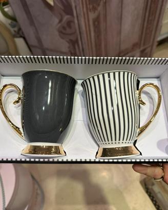 Set 2 Mug Mathilde M Nero e Righe con Dettagli Oro