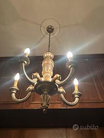Lampadario classico 5 luci in legno e oro