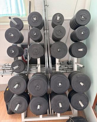 Rastrelliera, dischi in plastica e bilancieri