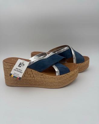 Sandali Zeppa Patrizia Boutique Vera Pelle Blu