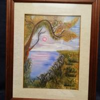 Quadro Tramonto sul Lago. Olio su legno di Iseppi