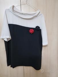 Blusa biancoghiaccio bicolore bianco/nero con rose