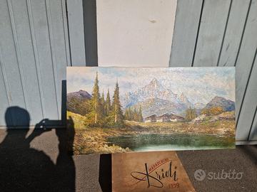 quadro olio su tela casetta con laghetto