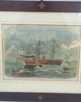 antica stampa acquerellata Francia 1880 veliero
