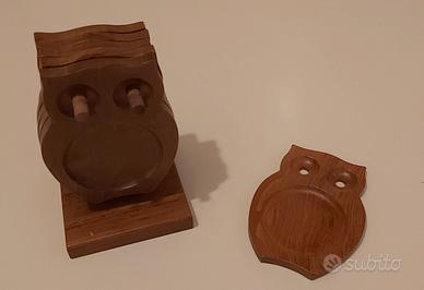 Porta bicchieri in legno teak a forma di civetta