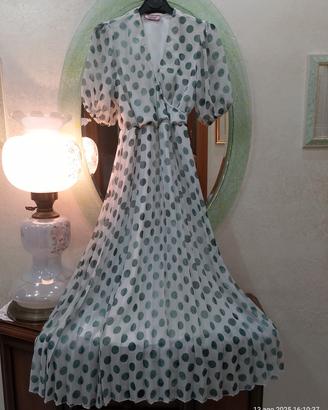 Abito vestito lungo pois bianco verde plissé