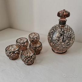 Servizio Liquore Vintage Vetro Rosa Oro Anni 60