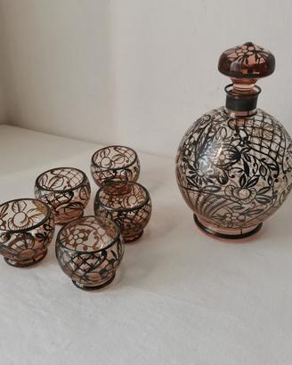 Servizio Liquore Vintage Vetro Rosa Oro Anni 60