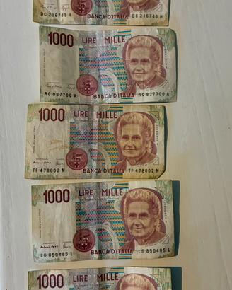 Banconote 1000 lire e monete 5-10 lire
