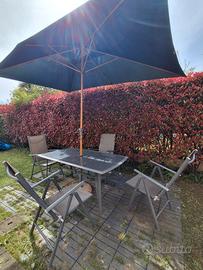 tavolo giardino, 4 sedie, ombrellone rettangolare