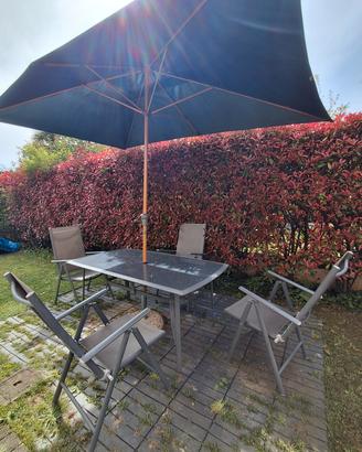 tavolo giardino, 4 sedie, ombrellone rettangolare