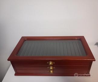 Box espositore x penne in legno con vetrina. Nuovo