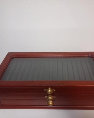 Box espositore x penne in legno con vetrina. Nuovo