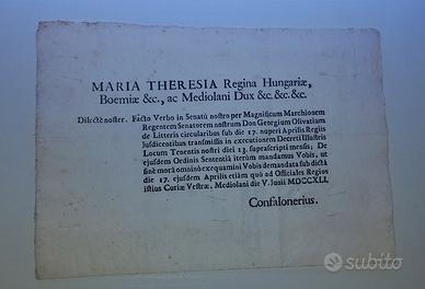 Documento settecentino 1741 Milano - Maria Teresa