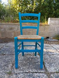 8 Sedie in legno azzurre con seduta in paglia