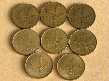 8 monete da 20 lire di 8 anni diversi