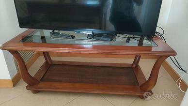 Tavolino porta TV in legno massiccio e vetro