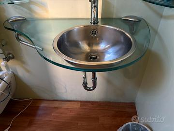 Lavabo desgn in vetro curvato con lavello inox e a