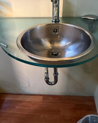 Lavabo desgn in vetro curvato con lavello inox e a