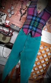 2 Jeans donna rosa / turchese con gilet lana coord