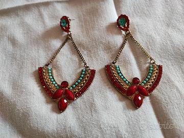 Orecchini pendenti rossi-turchesi-strass-pietre