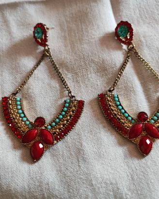 Orecchini pendenti rossi-turchesi-strass-pietre