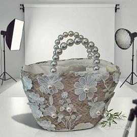 Borsa in Paglia con Pizzo bianco