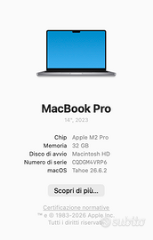 MacBook M2 32GB RAM, 512GB SSD, 2023 con AppleCare