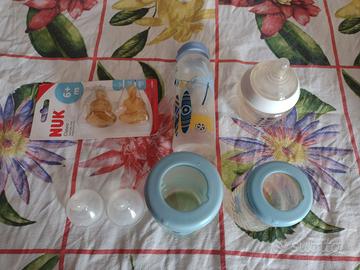 lotto 4 biberon (nuk, chicco, ecc) + 4 ricambi nuk