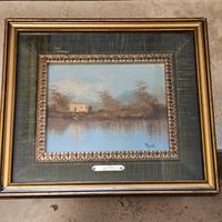 Quadro paesaggio con casa e lago by Botti