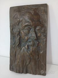 Antico Bassorilievo Bronzo Pesante Volto Uomo Barb