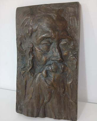 Antico Bassorilievo Bronzo Pesante Volto Uomo Barb