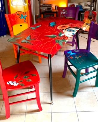 4 Sedie In Legno Dipinte A Mano Frida Lacombe Arte