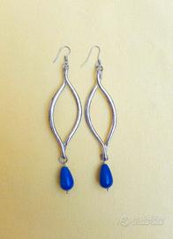 Orecchini ,pendenti, argentati goccia blu