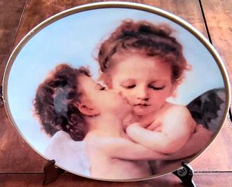 Piatto Cherubini vintage con supporto in legno