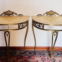 Console Vintage Ottone Dorato e Marmo Rosa