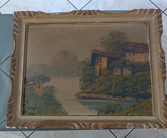 Quadro anni '50 dipinto Paesaggio sul lago