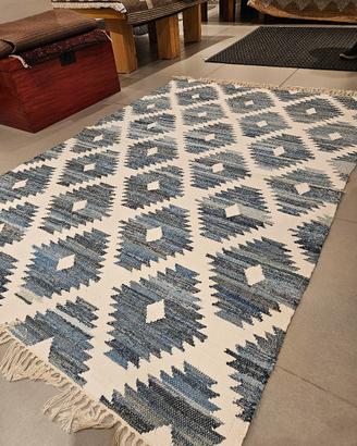 Tappeto in juta bianco e blu