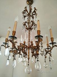 Coppia lampadari antichi in bronzo e cristallo + a