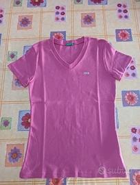 T-shirt Donna Benetton a V Taglia M cotone rosa