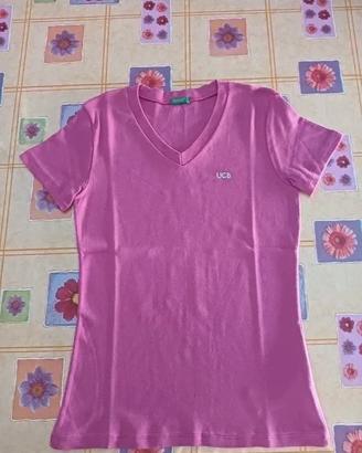 T-shirt Donna Benetton a V Taglia M cotone rosa