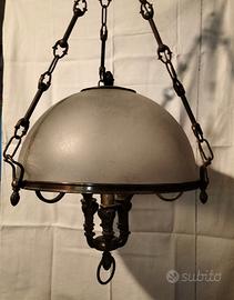 Lampadario in Ottone e Vetro satinato a tre luci