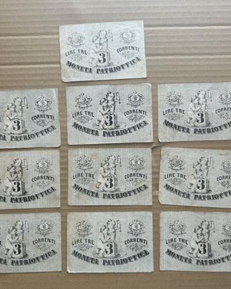 Lotto 10 Biglietti 3 Lire Correnti 1848