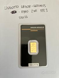 Lingotto Oro 2gr - Argor Heraeus 999.9 Sigillato